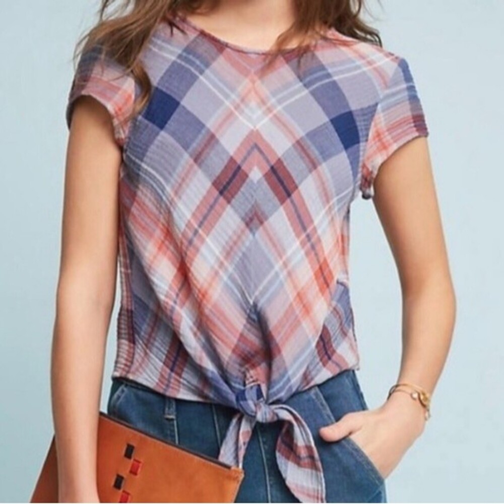 Anthropologie Cloth & Stone Plaid Tie Front Blouse Size Large
